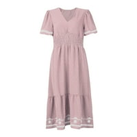 Haljine za žene solidna dužina koljena a-line kratke rukave casual ljetne haljine s V-izrezom ružičasta m
