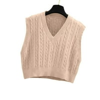 Mafus Women's v-izrez za pleteni džemper prsluk čvrste boje argyle preppy stil u stilu rukava bez rukava pleteni