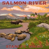 Stanley, Idaho, rijeka Salmon, Moose i Mountain At Sunset