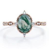 Prirodni zeleni mahovin ahat ovalnog reza od 1 karata i Moissanite-umjetnički alternativni zaručnički prsten-ručno
