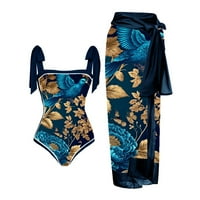 _ / Ženski Vintage kupaći kostimi s apstraktnim cvjetnim printom u bloku + rt, dva kupaća kostima s vintage printom,