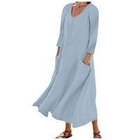 Ženska modna ležerna haljina s rukavima od pamuka i lana s džepom od 4 inča
