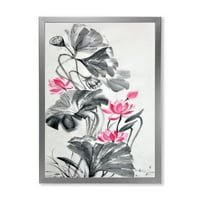DesignArt 'Pink vintage lotos cvijet i jednobojne lišće' tradicionalni uokvireni umjetnički tisak