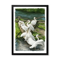 DesignArt 'pelikani koji se odmaraju u blizini riječne vode' tradicionalni uokvireni umjetnički tisak