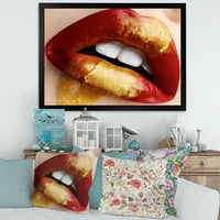 DesignArt 'puna ženske usne sa zlatom i crvenom' modernom uokvirenom umjetničkom tiskom