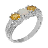 Ženski prsten za obljetnicu od srebra izrađen u Velikoj Britaniji s prirodnim opalom i citrinom - opcije veličine-veličina