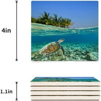 Ljetna kornjača, oceanski greben, tropski krajolik morskog dna, set podmetača za piće od palmi, upijajući keramički