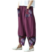 Lanene hlače za žene s krpicama, nepravilne široke hlače, Ležerne široke hlače s printom