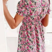 Synoidna ženska haljina- modna boho v-izreza labava ruffle s kratkim rukavima tiskana mini haljina vruća ružičasta