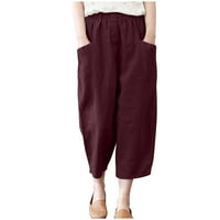 Ženske pamučne lanene Capri hlače s džepovima, Ležerne ošišane hlače širokih nogu