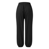 Ženska pamučna posteljina Čvrsta boja ležerne hlače džep Elastični struk labava široka noga ležerne hlače, crne,
