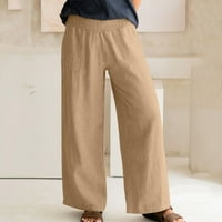 Ženske ljetne pamučne lanene Palazzo hlače visokog struka široke duge hlače za slobodno vrijeme 1-Kaki hlače s