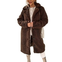 Žene zimski kaput dugih rukava srednje dužine labave pahuljane mekane jakne kave l