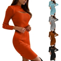 Ženska čvrsta boja visoki struk šuplje dugi rukavi vitka haljina vestidos