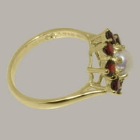 Ženski jubilarni prsten od punog žutog zlata od 9 karata s kultiviranim biserima i granatom britanske proizvodnje