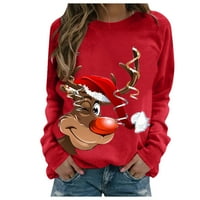 Drpgunly božićne dukseve za WOM s dugim rukavima chirstmas print casual pullover majice za pulover, crveni xl
